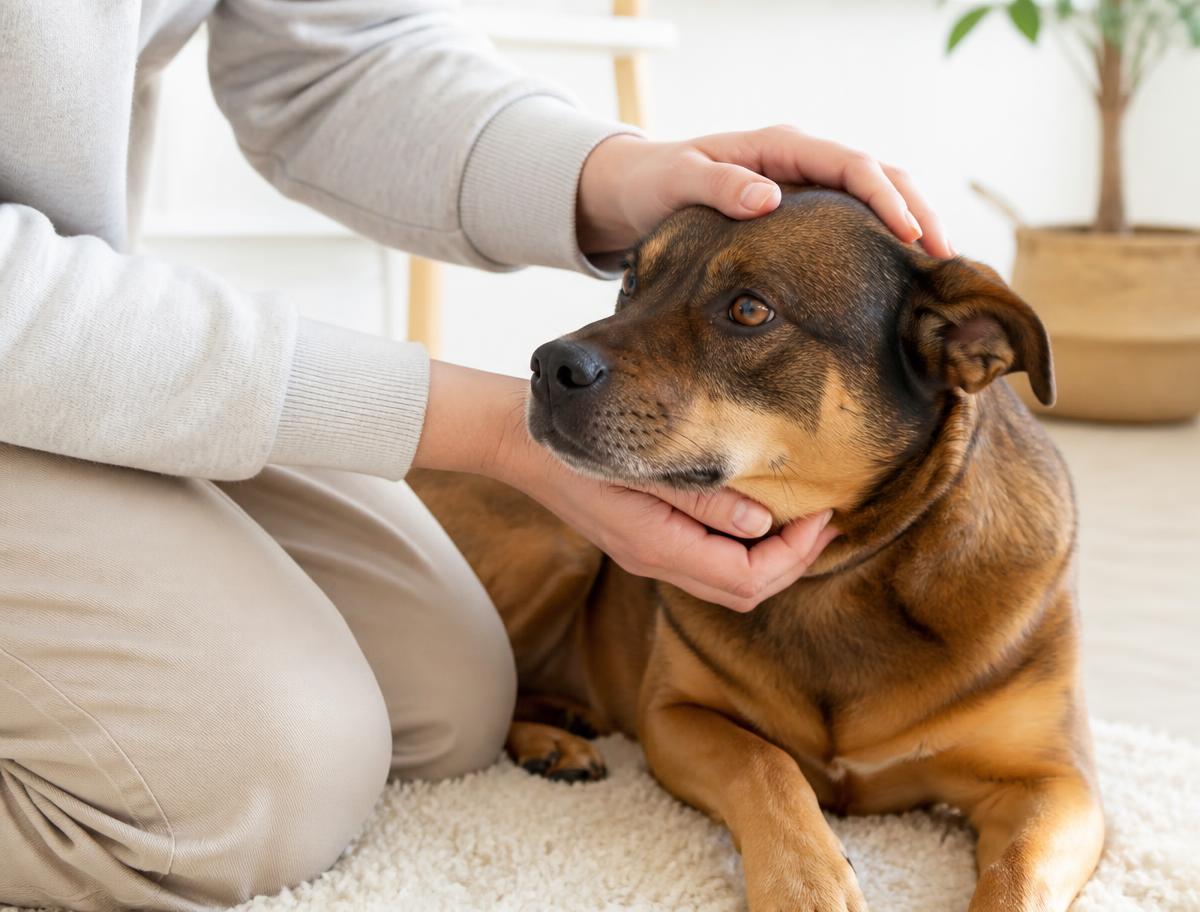 A carer gently stroking a calm dog