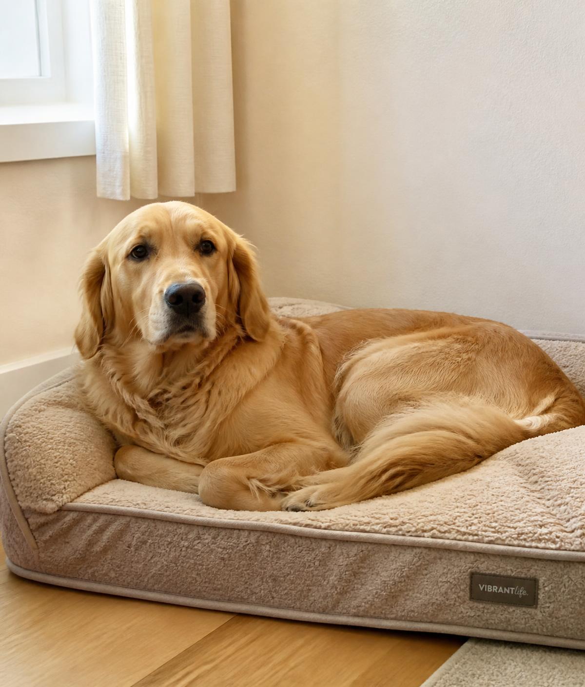 A golden retriever resting calmly on a soft bed in a bright room